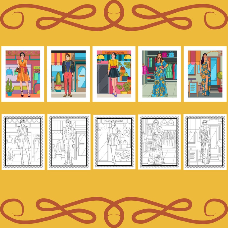 Puede incluir: Ocho ilustraciones de personas frente a una tienda de ropa. La fila superior muestra las ilustraciones en color, mientras que la fila inferior muestra las mismas ilustraciones en blanco y negro. La tienda tiene un letrero que dice "Fashion Outlet".