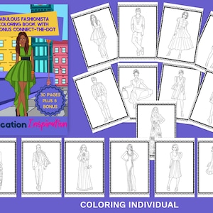 Puede incluir: Un libro para colorear con 30 p&aacute;ginas de ilustraciones de moda, m&aacute;s 5 p&aacute;ginas adicionales para conectar los puntos. La portada presenta a una mujer con un vestido verde de corte asim&eacute;trico, caminando por una calle de la ciudad. El libro se titula "Fabulous Fashionista Coloring Book with 5 Bonus Connect-the-Dot" y tiene las palabras "Education Inspiration" en la parte inferior.