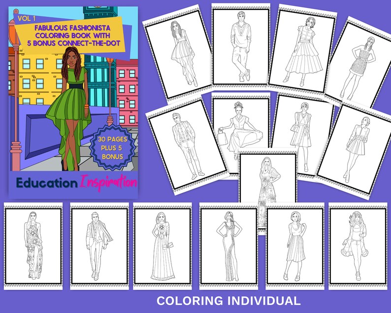 Puede incluir: Un libro para colorear con 30 p&aacute;ginas de ilustraciones de moda, m&aacute;s 5 p&aacute;ginas adicionales para conectar los puntos. La portada presenta a una mujer con un vestido verde de corte asim&eacute;trico, caminando por una calle de la ciudad. El libro se titula "Fabulous Fashionista Coloring Book with 5 Bonus Connect-the-Dot" y tiene las palabras "Education Inspiration" en la parte inferior.