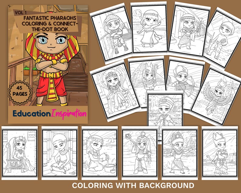 May include: A coloring book featuring illustrations of pharaohs and other Egyptian figures. The cover shows a cartoon pharaoh with crossed arms, wearing a red and gold headdress and a red and gold kilt. The title of the book is "Fantastic Pharaohs Coloring & Connect-The-Dot Book".