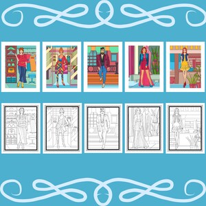 May include: A collection of fashion-themed illustrations, presented as postage stamps. The images depict various individuals in stylish outfits, set against colorful backgrounds. The top row features colored illustrations, while the bottom row showcases black and white line drawings.