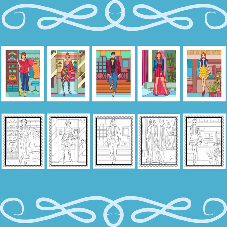 May include: A collection of fashion-themed illustrations, presented as postage stamps. The images depict various individuals in stylish outfits, set against colorful backgrounds. The top row features colored illustrations, while the bottom row showcases black and white line drawings.
