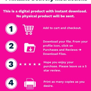 May include: A pink and white graphic with instructions for downloading a digital product. The steps include adding to cart, downloading the file, leaving a review, and printing. The Etsy shop URL is at the bottom.