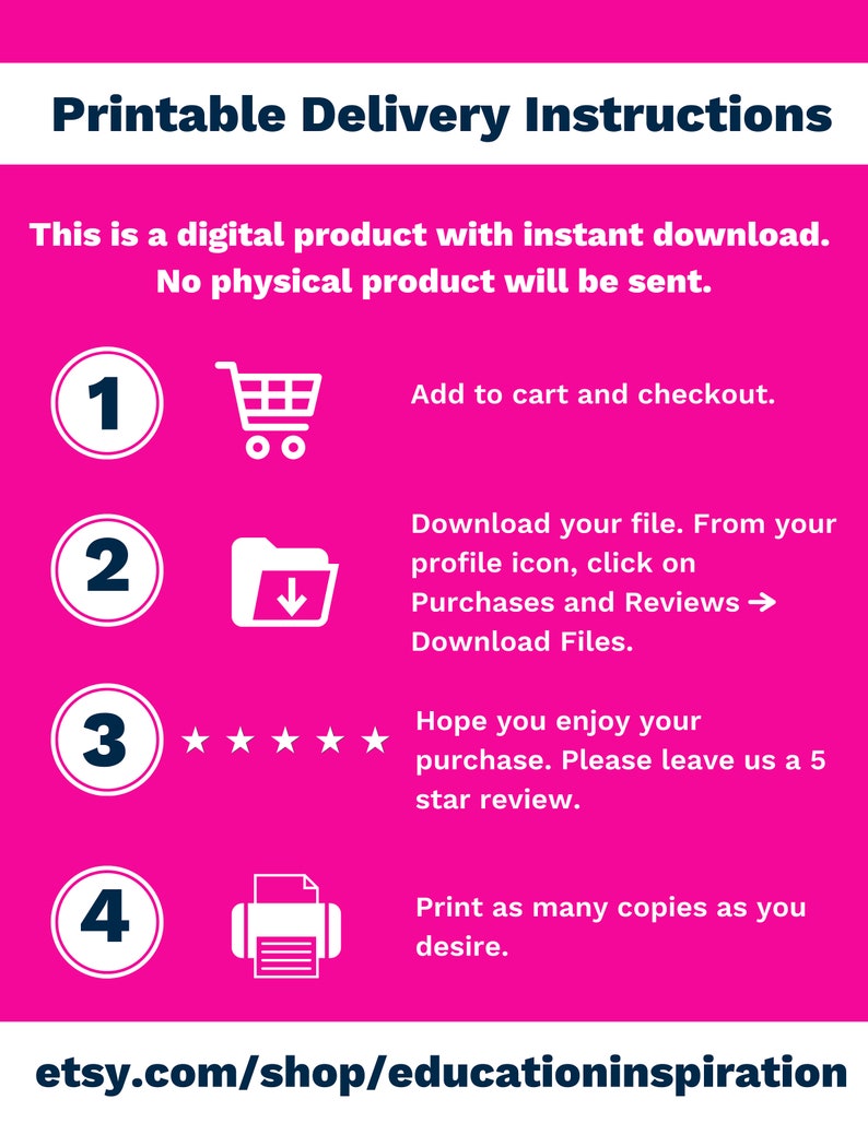 May include: A pink and white graphic with instructions for downloading a digital product. The steps include adding to cart, downloading the file, leaving a review, and printing. The Etsy shop URL is at the bottom.