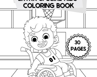 May include: Black and white coloring book page featuring a boy in a wheelchair playing basketball. The title of the book is "Acceptance: An Extra Special Kids Coloring Book" and the text "30 Pages" is in a circle on the page. The book is published by Education Inspiration.