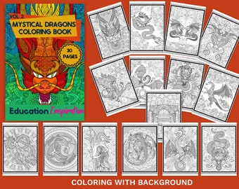 Mystical Dragon Coloring, Fantasy Coloring, Mandala Coloring, Mythical Creature Coloring, Myth Coloring, Adult Coloring, Dragon Art, Dragon