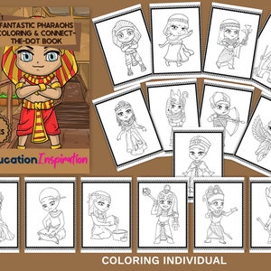 May include: A black and white coloring book featuring illustrations of pharaohs and other Egyptian figures. The cover shows a cartoon pharaoh with crossed arms. The title of the book is "Fantastic Pharaohs Coloring & Connect-The-Dot Book".