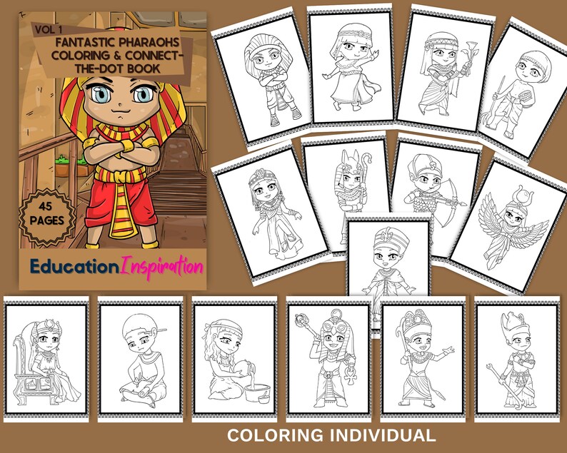 May include: A black and white coloring book featuring illustrations of pharaohs and other Egyptian figures. The cover shows a cartoon pharaoh with crossed arms. The title of the book is "Fantastic Pharaohs Coloring & Connect-The-Dot Book".
