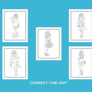 May include: Five black and white connect-the-dot fashion illustrations on a light blue background. Each illustration features a different outfit, with numbers indicating the order to connect the dots. The text "CONNECT-THE-DOT" is at the bottom.