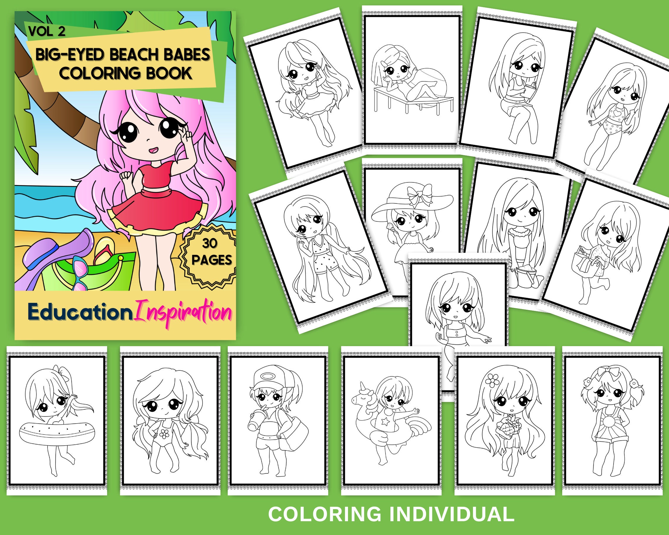 Beach Girl Coloring, Summer Coloring, Beach Coloring, Kawaii Coloring