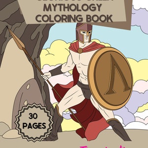 Puede incluir: Una portada de libro para colorear con un guerrero griego con una lanza y un escudo. La portada es marr&oacute;n y beige con el t&iacute;tulo "Glorious Greek Mythology Coloring Book" y "Vol 1" en la esquina superior izquierda. El libro tiene 30 p&aacute;ginas y est&aacute; publicado por Education Inspiration.