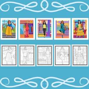 May include: A collection of ten fashion-themed illustrations, presented as postage stamps, with a blue background and decorative swirls. The top row features color illustrations of women in various outfits, while the bottom row presents the same images in black and white.