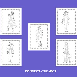 Puede incluir: Cinco im&aacute;genes en blanco y negro de conectar los puntos que representan a personas con diferentes atuendos. El texto "CONNECT-THE-DOT" est&aacute; en la parte inferior de la imagen.