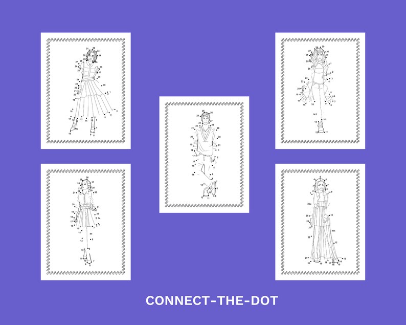 Puede incluir: Cinco im&aacute;genes en blanco y negro de conectar los puntos que representan a personas con diferentes atuendos. El texto "CONNECT-THE-DOT" est&aacute; en la parte inferior de la imagen.