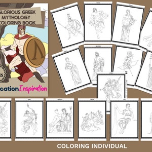 Puede incluir: Un libro para colorear con personajes de la mitolog&iacute;a griega. La portada muestra a un guerrero con un escudo y una lanza. El t&iacute;tulo es "Glorious Greek Mythology Coloring Book". El libro tiene 30 p&aacute;ginas.