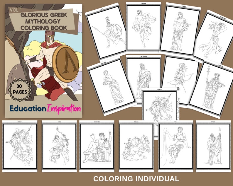 Puede incluir: Un libro para colorear con personajes de la mitolog&iacute;a griega. La portada muestra a un guerrero con un escudo y una lanza. El t&iacute;tulo es "Glorious Greek Mythology Coloring Book". El libro tiene 30 p&aacute;ginas.