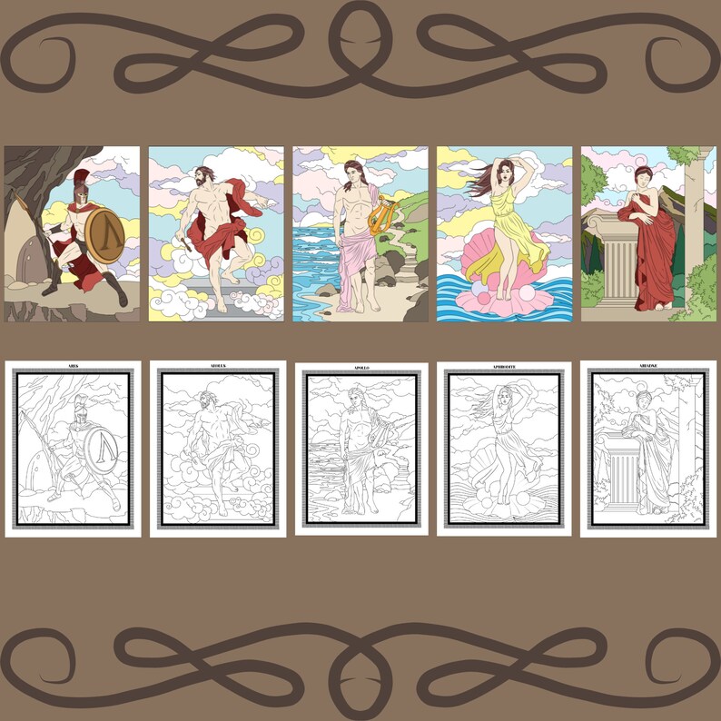 Puede incluir: Cinco p&aacute;ginas para colorear con dioses y diosas griegos. Las p&aacute;ginas est&aacute;n en blanco y negro y presentan ilustraciones de Ares, Zeus, Apolo, Afrodita y Artemisa.