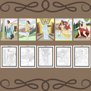Puede incluir: Un conjunto de diez p&aacute;ginas para colorear con dioses y diosas griegos. Las im&aacute;genes est&aacute;n en blanco y negro e incluyen a Zeus, Artemisa, Hera, Atenea y Ares. Cada p&aacute;gina tiene un t&iacute;tulo en la parte superior.
