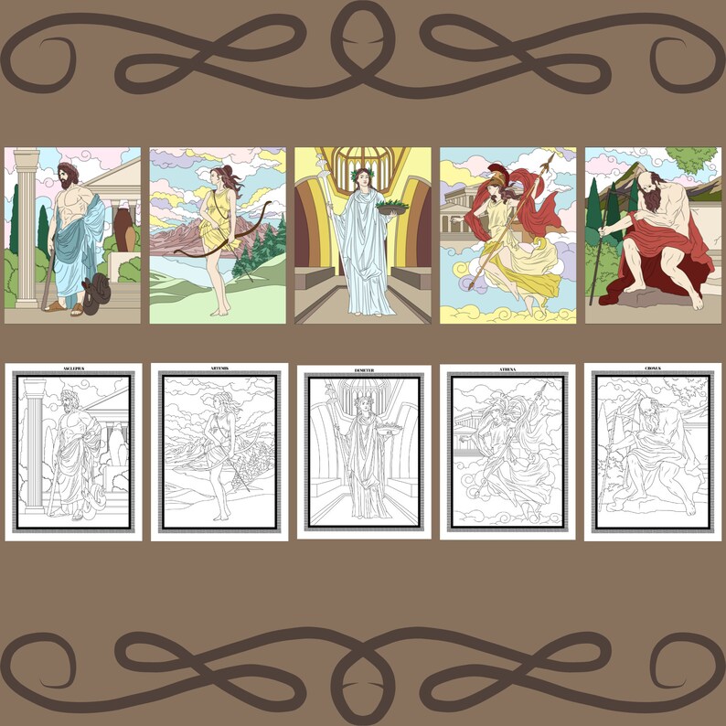Puede incluir: Un conjunto de diez p&aacute;ginas para colorear con dioses y diosas griegos. Las im&aacute;genes est&aacute;n en blanco y negro e incluyen a Zeus, Artemisa, Hera, Atenea y Ares. Cada p&aacute;gina tiene un t&iacute;tulo en la parte superior.