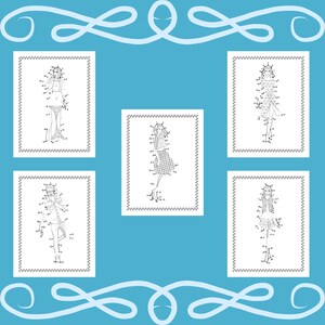 May include: Five black and white connect-the-dot fashion illustrations on a light blue background. Each illustration depicts a different outfit, with numbers indicating the order to connect the dots. The illustrations are framed with a decorative border.