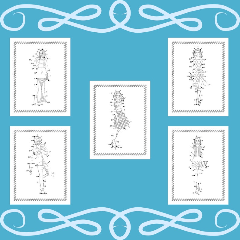 May include: Five black and white connect-the-dot fashion illustrations on a light blue background. Each illustration depicts a different outfit, with numbers indicating the order to connect the dots. The illustrations are framed with a decorative border.