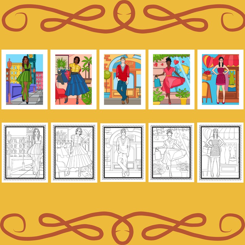 Puede incluir: Una p&aacute;gina para colorear con ocho ilustraciones de personas comprando en una ciudad. Las ilustraciones est&aacute;n en blanco y negro, y las personas llevan diferentes atuendos. Las ilustraciones est&aacute;n rodeadas por un borde decorativo.