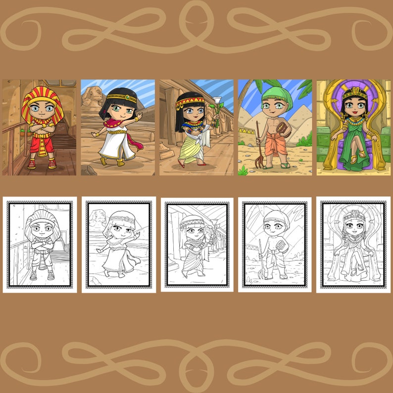 May include: A set of coloring pages featuring cartoon characters dressed in Egyptian-inspired clothing. The characters include a pharaoh, a queen, a priestess, and a farmer. The coloring pages are black and white and have a simple design.