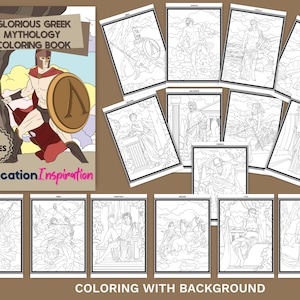Puede incluir: Un libro para colorear en blanco y negro con tem&aacute;tica de la mitolog&iacute;a griega. La portada muestra a un guerrero con un escudo y una lanza. El t&iacute;tulo es "Glorious Greek Mythology Coloring Book" y el subt&iacute;tulo es "Vol. 1". El libro tiene 30 p&aacute;ginas.