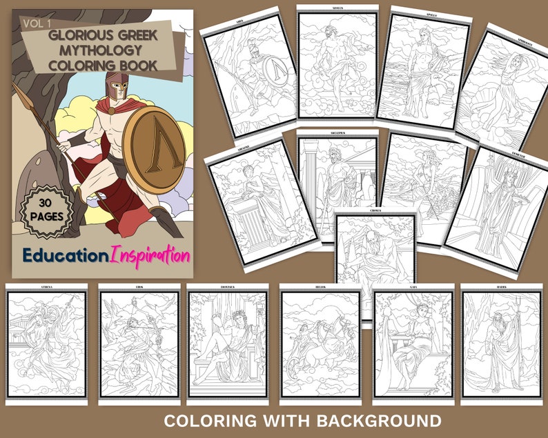 Puede incluir: Un libro para colorear en blanco y negro con tem&aacute;tica de la mitolog&iacute;a griega. La portada muestra a un guerrero con un escudo y una lanza. El t&iacute;tulo es "Glorious Greek Mythology Coloring Book" y el subt&iacute;tulo es "Vol. 1". El libro tiene 30 p&aacute;ginas.