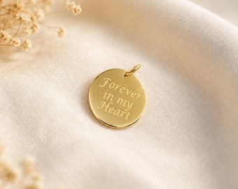 10K Solid Gold Engraved Disc Pendant, Custom Personalized Round Charm Necklace