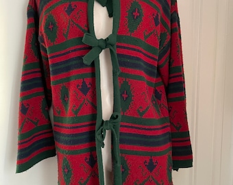 Vintage Style Celtic Nordic Folk Cardigan Rouge Vert Années 1970