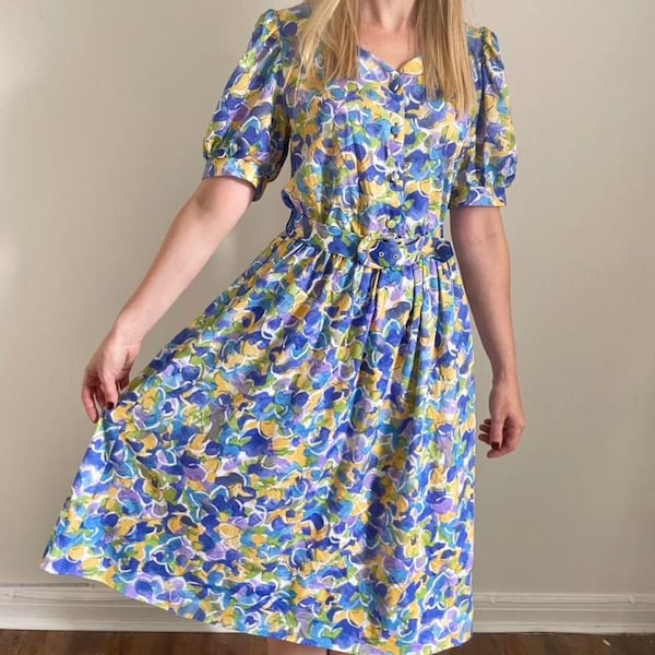 Vintage tea dress 80s 1940s reproduction floral summer