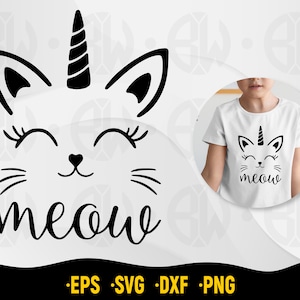 Może przedstawiać: Czarno-biała ilustracja kota z rogiem jednorożca, z napisem "meow" poniżej.