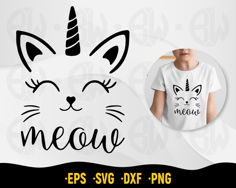 Peut inclure: Illustration noire et blanche d'un chat avec une corne de licorne, avec le mot "meow" &eacute;crit en dessous.