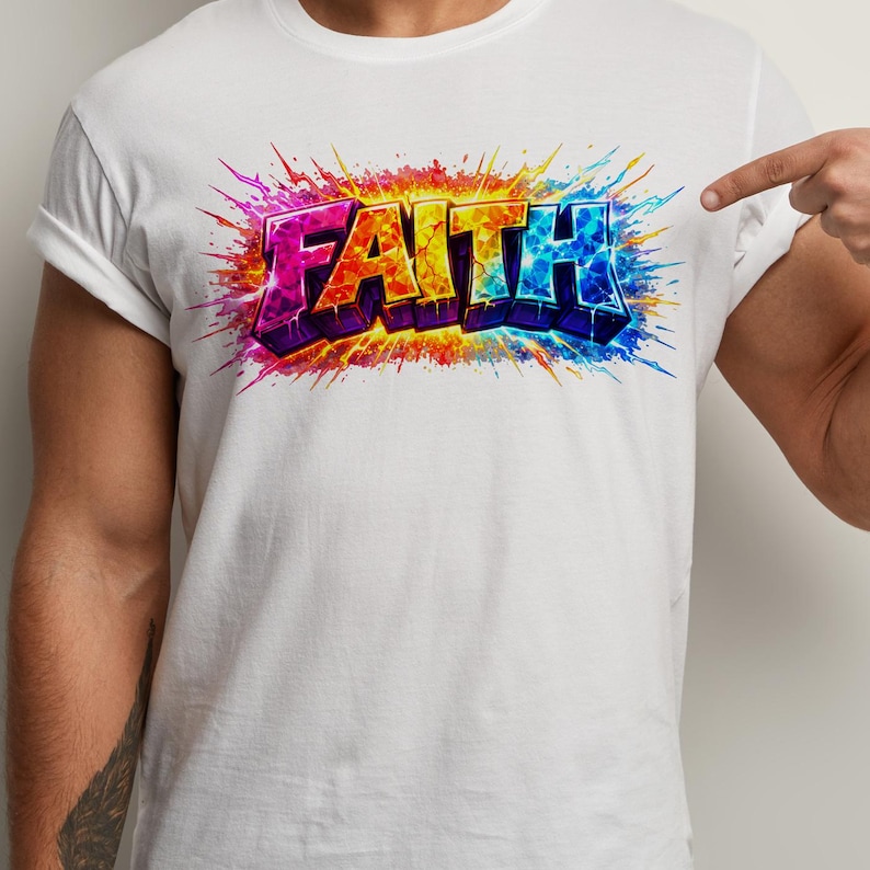 May include: White t-shirt with the word "FAITH" in a vibrant graffiti style. The text is multi-coloured, with pink, orange, yellow, and blue hues, and a splash effect.