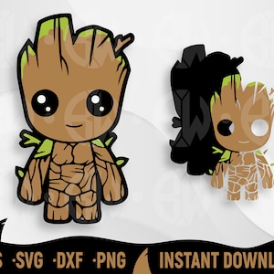 Puede incluir: Ilustración de dibujos animados del personaje de Groot en marrón, verde y negro. La imagen incluye el texto "EPS SVG DXF PNG" y "DESCARGA INSTANTÁNEA". El personaje de Groot tiene ojos negros grandes y una expresión sonriente.