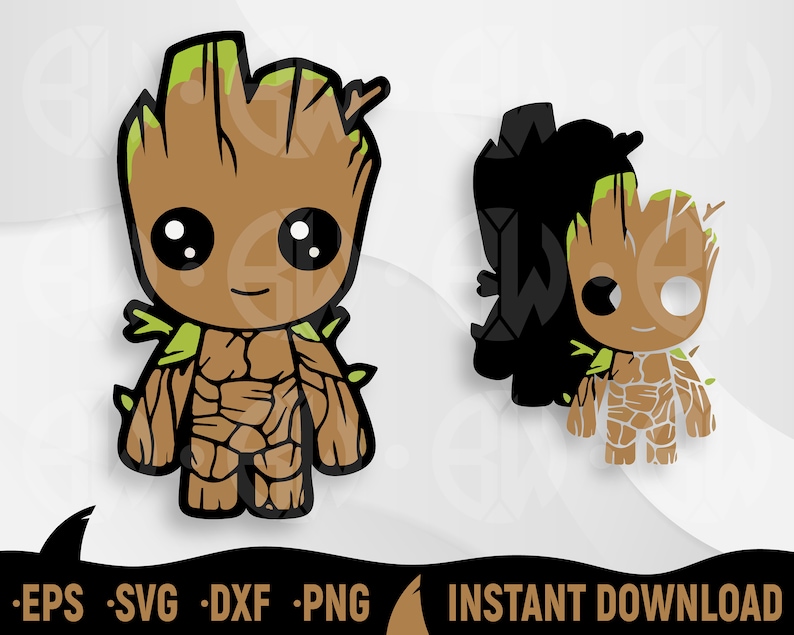 May include: A cartoon illustration of a Groot character in brown, green, and black. The image includes the text "EPS SVG DXF PNG" and "INSTANT DOWNLOAD". The Groot character has large black eyes and a smiling expression.