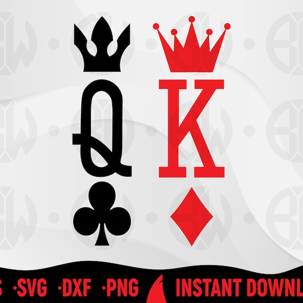 King and Queen SVG, King of Diamons, Queen of Clubs, Playing Cards Svg, Eps, Dxf, Png, Crowned Cards, Cutting Files, Vector, Royal Cards