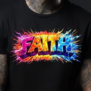 May include: Black t-shirt with the word "FAITH" in a colourful, graffiti-style design. The word is in bold, 3D lettering with a gradient of pink, orange, yellow, blue, and purple, with a burst effect emanating from the letters.