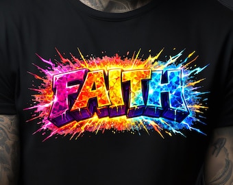 May include: Black t-shirt with the word "FAITH" in a colourful, graffiti-style design. The word is in bold, 3D lettering with a gradient of pink, orange, yellow, blue, and purple, with a burst effect emanating from the letters.