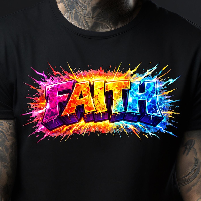 May include: Black t-shirt with the word "FAITH" in a colourful, graffiti-style design. The word is in bold, 3D lettering with a gradient of pink, orange, yellow, blue, and purple, with a burst effect emanating from the letters.