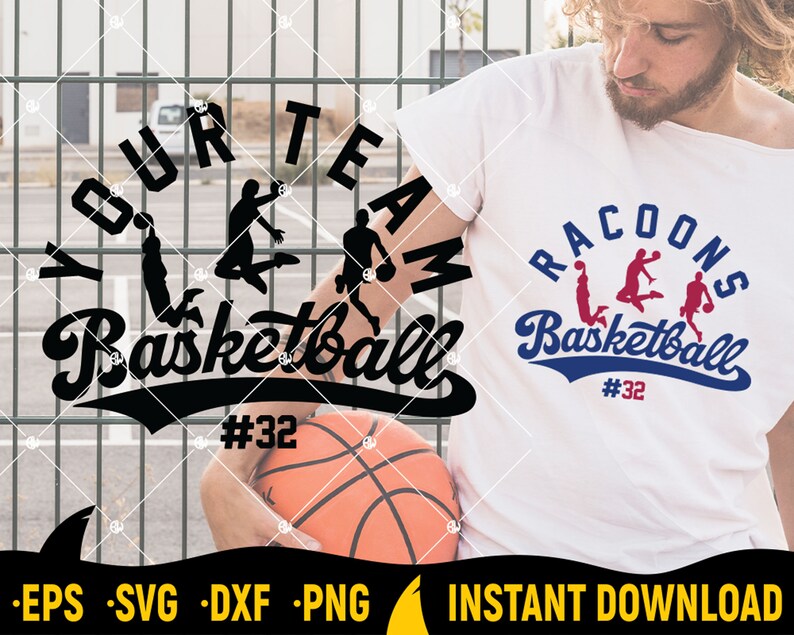 K&ouml;nnte beinhalten: Ein wei&szlig;es T-Shirt mit einem blauen und roten Design, auf dem "Raccoons Basketball #32" steht. Im Vordergrund befindet sich ein Basketball.