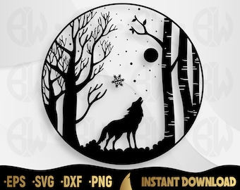 Wolf Howling At Moon in Winter Svg, Wild Animal Silhouette, Howling Wolf Clipart, Woodland Wolf Forest SVG, Winter Scenery Svg, Wolf Scene