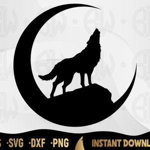 May include: Black silhouette of a wolf howling at the moon. The wolf is standing on a rock with the moon behind it. The image is in a circle shape.