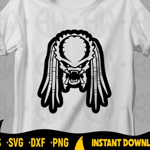 May include: Black and white vector illustration of a Predator alien head with dreadlocks. The Predator is a fictional extraterrestrial hunter from the movie franchise of the same name.
