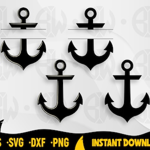 Könnte beinhalten: Vier schwarze Anker-SVG-Schnittdateien. Die Anker sind in verschiedenen Stilen, einige haben eine Linie oben zum Hinzufügen von Text.