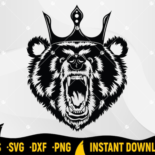 Bear Svg, Grizzly Bear Svg, Bear with Crown SVG, King Svg, Crown svg, Predator svg, Wild Animal, Crowned Bear, Roar Bear, Roaring