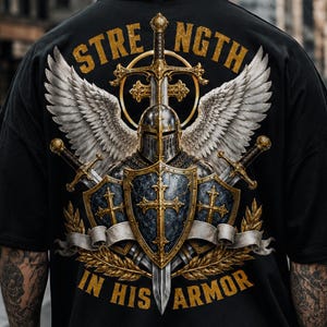 May include: A black t-shirt featuring a graphic print of a knight in armor with a sword, shield, and wings. The text STRENGTH is printed in gold above the knight, and IN HIS ARMOR is printed in gold below the shield, which features a cross design.