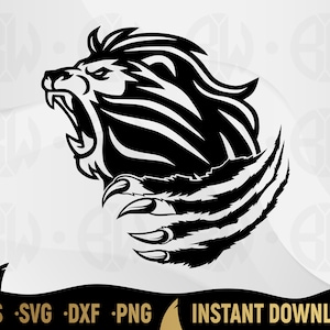 May include: Black and white illustration of a roaring lion with claws showing. The lion's mane is stylized and the claws are sharp and detailed.