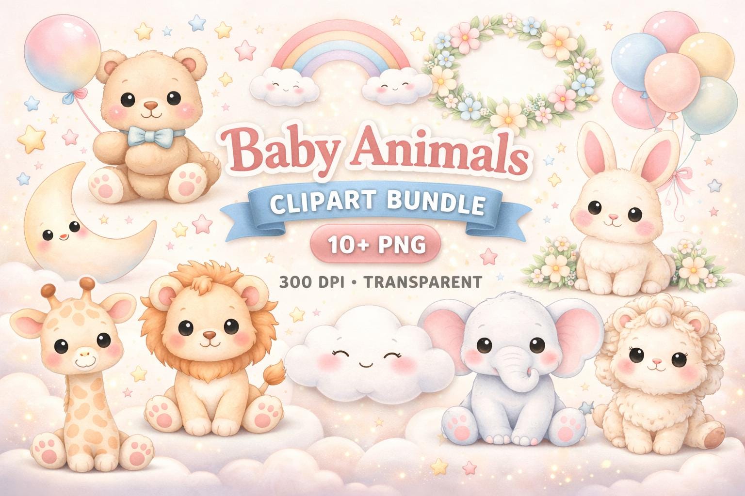Kawaii Baby Animals Clipart Bundle, Pastel Watercolor Nursery PNG ...